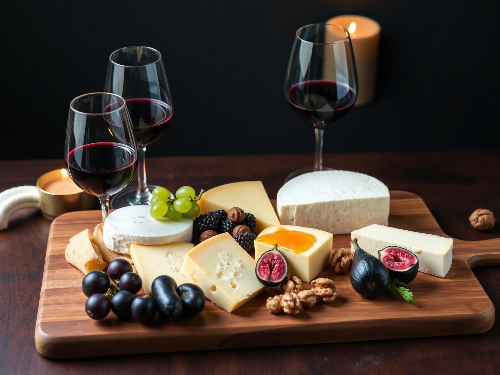 Tábua de queijos artesanais com vinho tinto